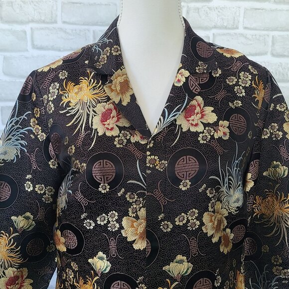 Chicos Silk Blend Asian Print Brocade Kimono Jacket sz 1 / Med Black Gold Artsy - Picture 4 of 10